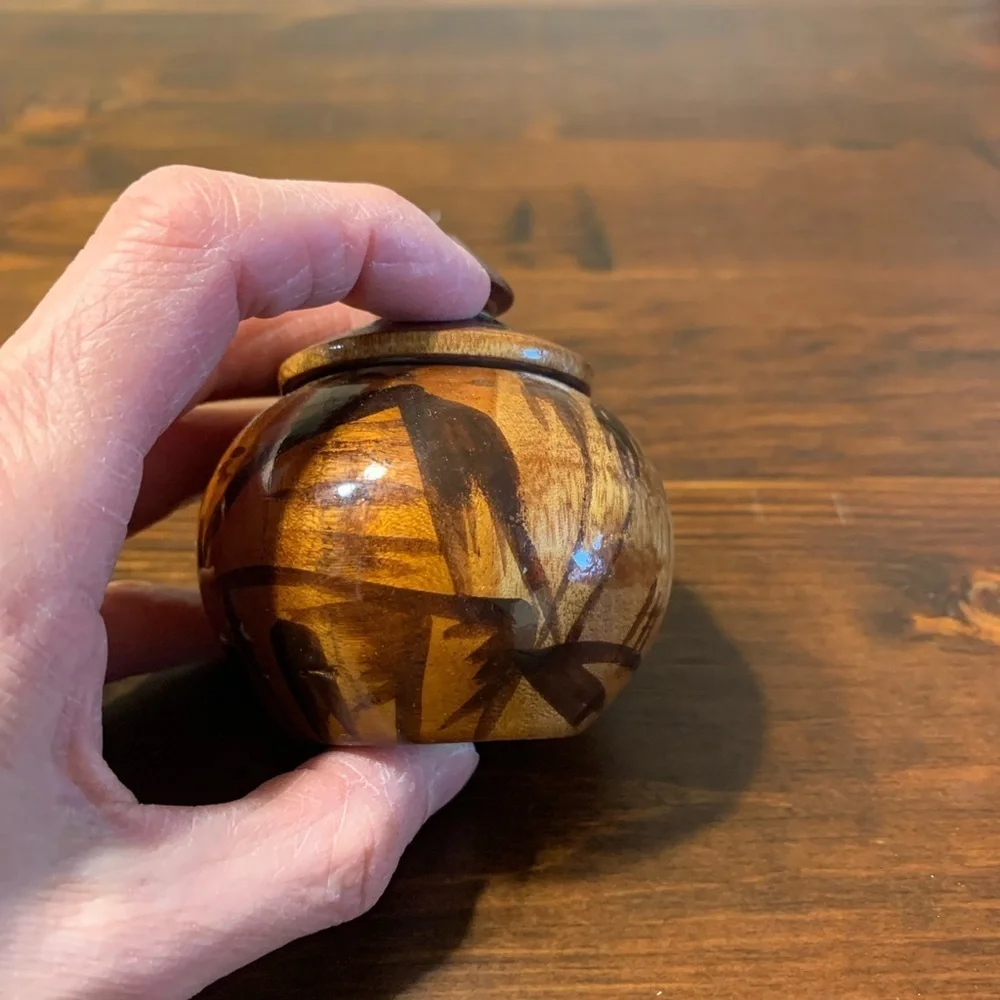 (2) Decorative Hand Carved Turned Wood Bowls with Finial Knob Lids from Haiti